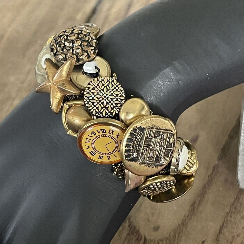 Vtg Victorian Revival Brass Button Charm Bracelet Hearts Clock Lion Flowers OOAK
